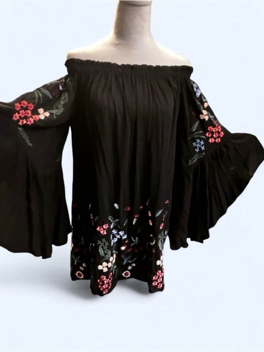 Umgee Black Off-Shoulder Bell Sleeve Tunic with Multicolor Floral Embroidery